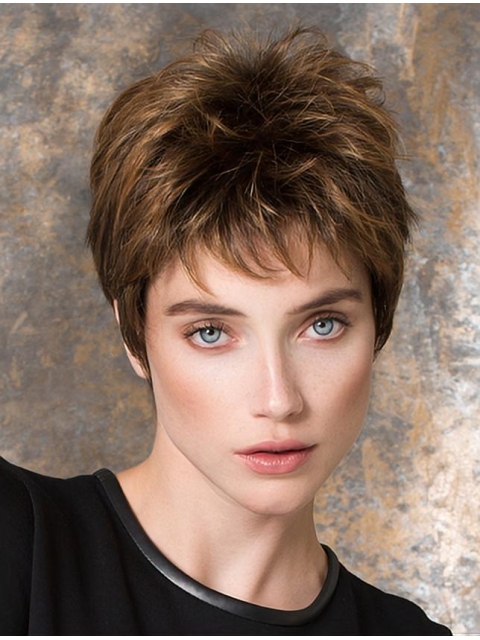 Straight 4" Brown Synthetic Boycuts Short Ladies Wigs