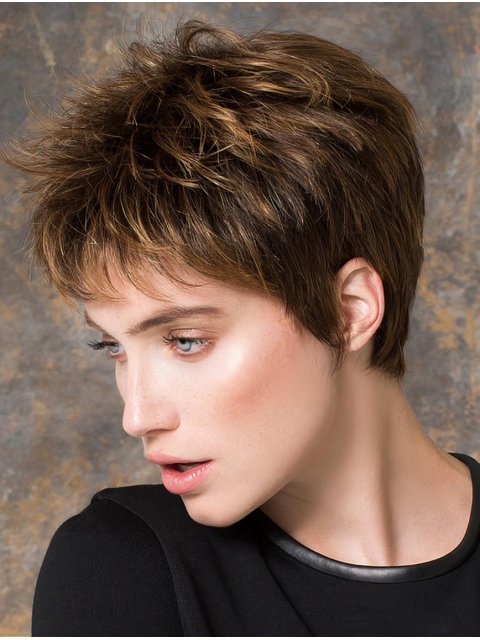 Straight 4" Brown Synthetic Boycuts Short Ladies Wigs