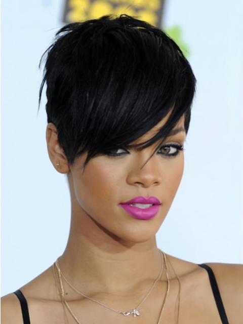 Convenient Black Straight Cropped Rihanna Wigs