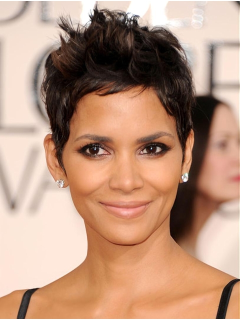 Straight Black Lace Front Cropped Boycuts Halle Berry Wigs