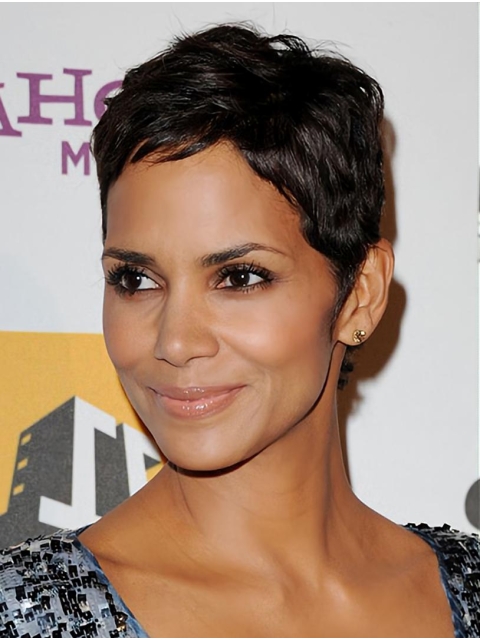 Straight Black Full Lace Cropped Boycuts Halle Berry Wigs