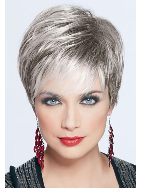 Suitable Monofilament Cropped Synthetic Grey Wigs