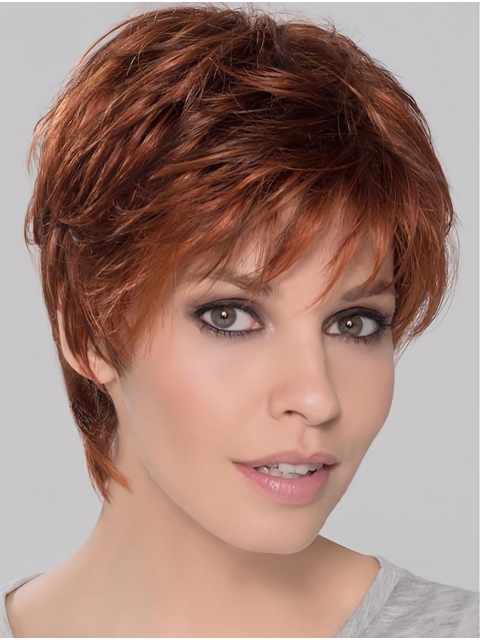 Synthetic Perfect Cropped Auburn Wavy Monofilament Wigs