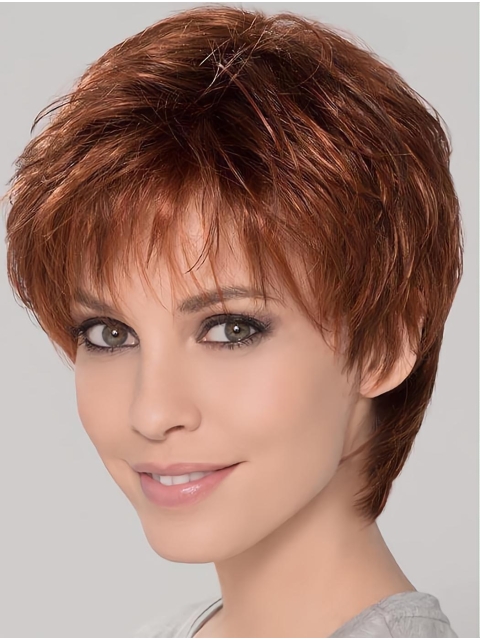 Synthetic Perfect Cropped Auburn Wavy Monofilament Wigs