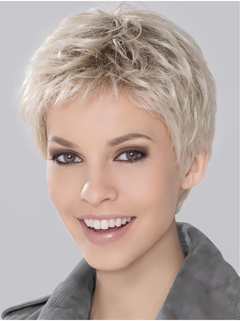 Synthetic Incredible Cropped Platinum Blonde Wavy Monofilament Wigs