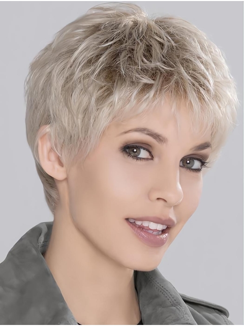 Synthetic Incredible Cropped Platinum Blonde Wavy Monofilament Wigs