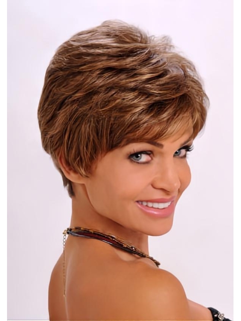 Refined Auburn Wavy Cropped Synthetic Wigs