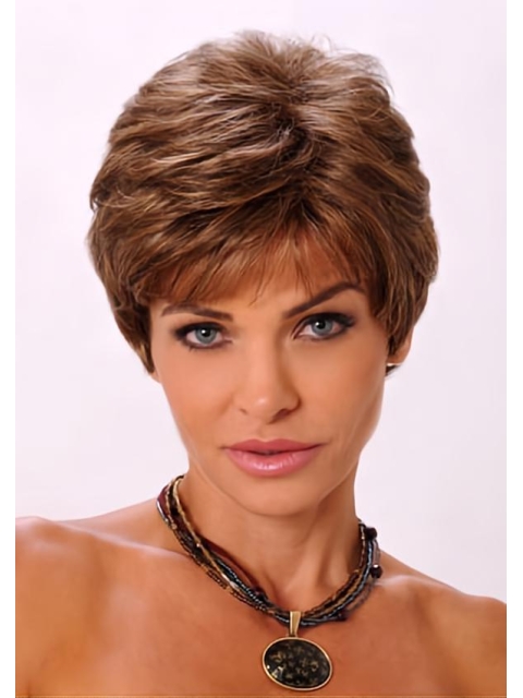 Refined Auburn Wavy Cropped Synthetic Wigs