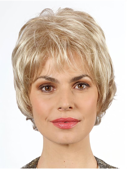 Wavy Chin Length Platinum Blonde 10" With Bangs Synthetic Mono Wig