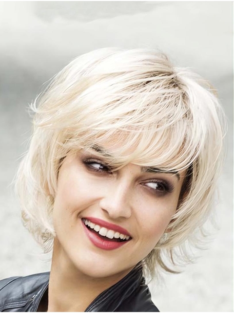 Platinum Blonde Layered Synthetic 10" Wavy Medium Wigs Women