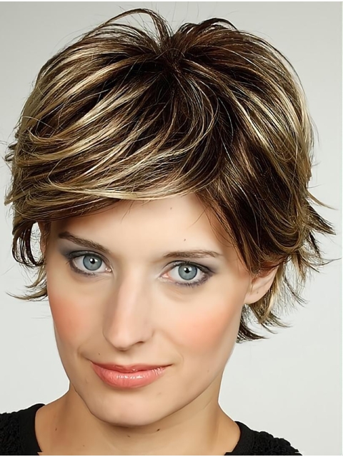 10" Brown Chin Length Layered Wavy Very Synthetic Wigs