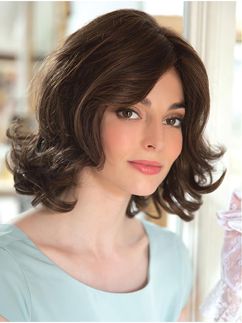 Brown 12" With Bangs Chin Length Affordable Monofilament Wigs