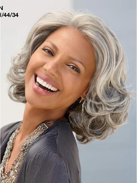 Grey Lady Chin Length Wavy Good-looking Human Wigs