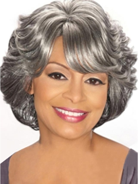 Dip Grey Lady With Bangs Chin Length Human Wigs