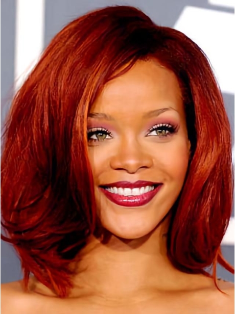 Rihanna Red With Simple Wavy 12 Inches Lace Front Human Wigs