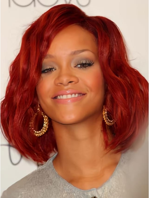 Rihanna Red Wavy Chin Length Lace Front Human Wigs