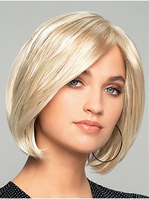 10" Chin Length Straight Platinum Blonde Synthetic Monofilament Wigs Designed