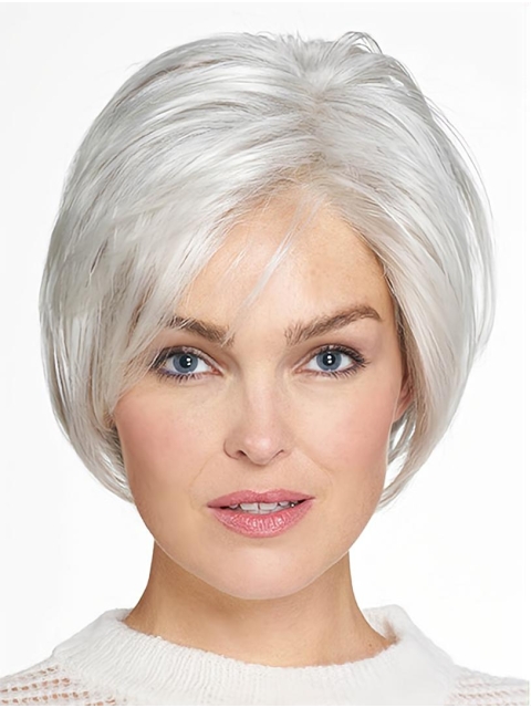 Chin Length Monofilament Grey Straight 10" Synthetic Beautiful Medium Wigs