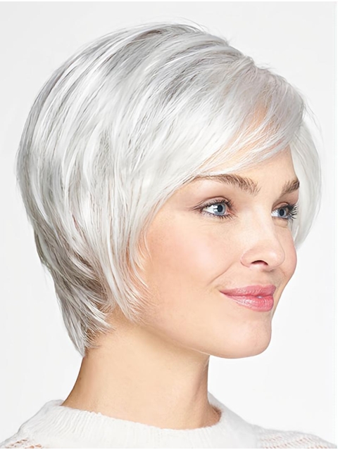 Chin Length Monofilament Grey Straight 10" Synthetic Beautiful Medium Wigs