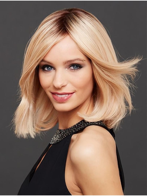 Chin Length Straight Monofilament Blonde Bobs Sleek Human Hair Wigs