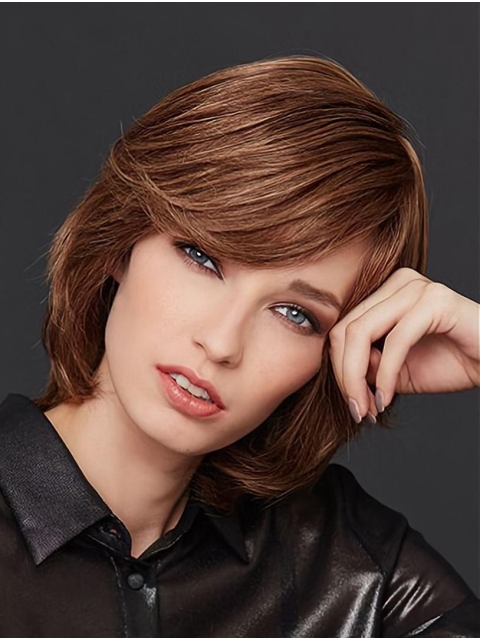 Chin Length Straight Monofilament Brown With Bangs Women Wig Medium