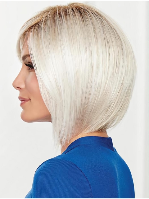 12" Chin Length Designed Capless Straight Grey Wigs