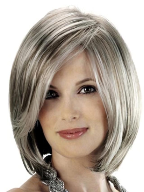 Grey Lady With Side Bangs Smooth Human Wigs