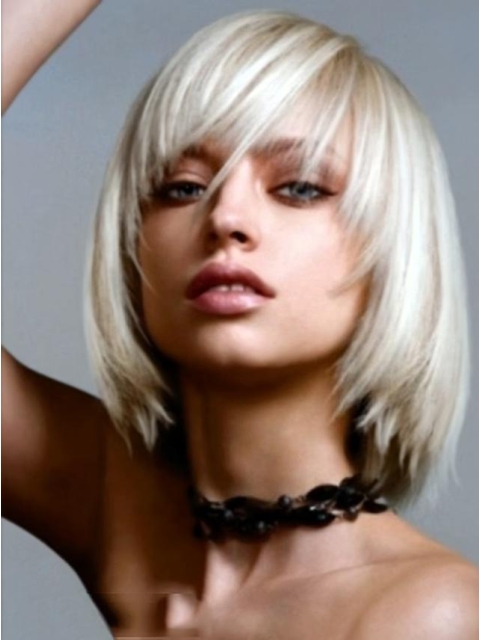 Young Fashion Platinum Blonde Medium Long Bob Straight Lace Front Wigs