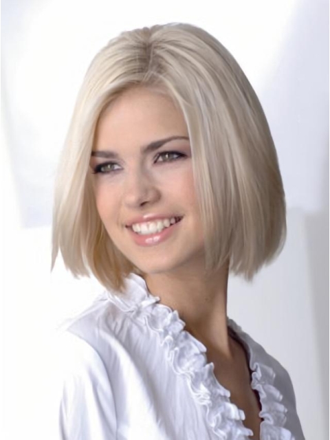 Young Fashion Platinum Blonde Medium Length Haircut Straight Full Lace Remy Human Wigs