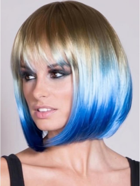 Straight Capless Blue 100% Indian Remy Hair Ombre Wigs 