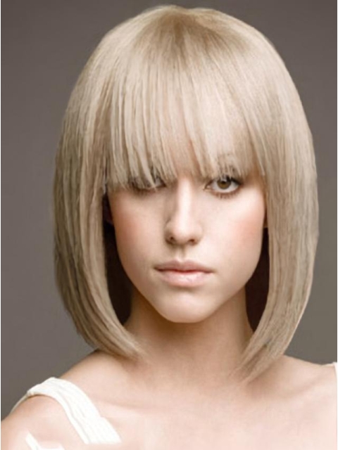 Young Fashion Shoulders Bob Hairstyle Platinum Blonde Straight Full Lace Human Wigs