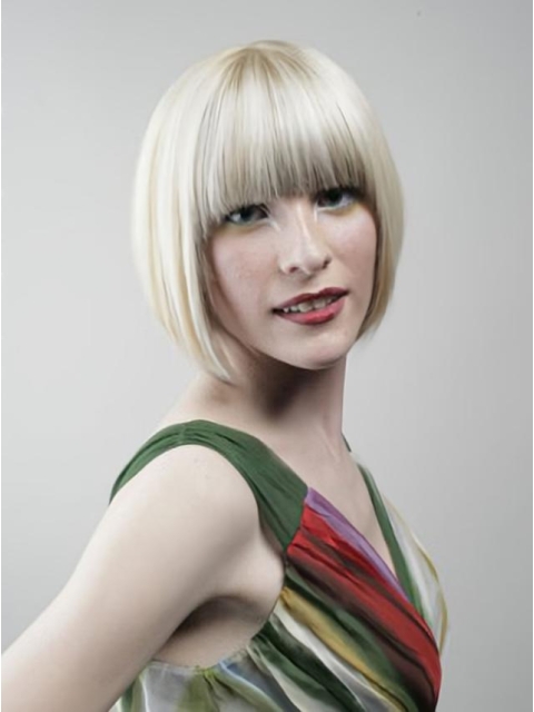 Young Fashion Platinum Blonde Chin Length Straight Full Lace Human Wigs