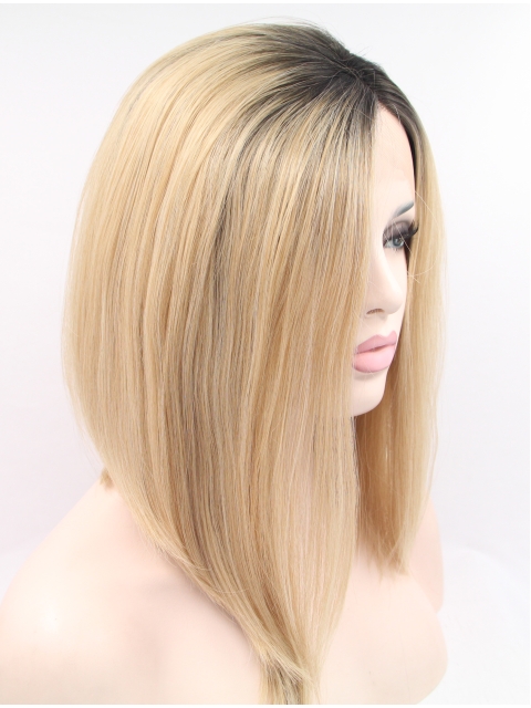 12" Straight Blonde Without Bangs Synthetic Chin Length Lace Front Wigs