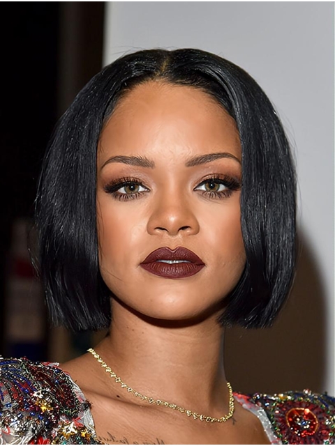 Black 10" Straight Bobs Chin Length Rihanna Wigs