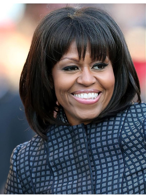 Straight Black Lace Front Chin Length With Bangs Michelle Obama Wigs