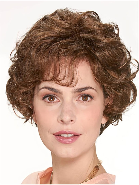 Chin Length Monofilament Brown Curly 10" Synthetic Beautiful Medium Wigs