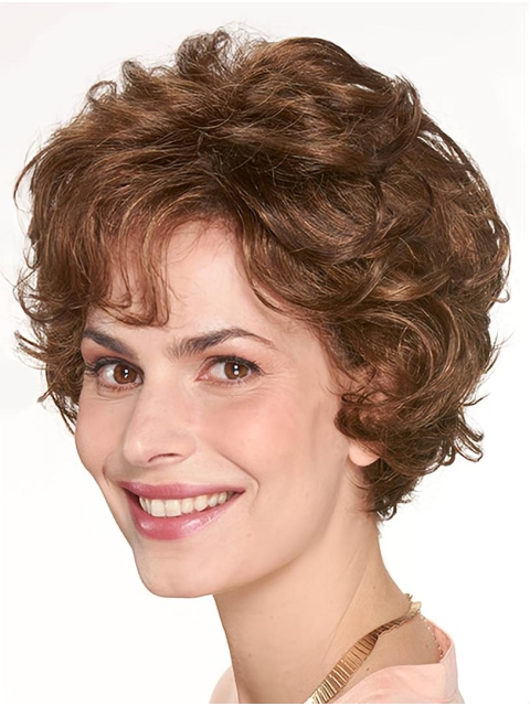 Chin Length Monofilament Brown Curly 10" Synthetic Beautiful Medium Wigs