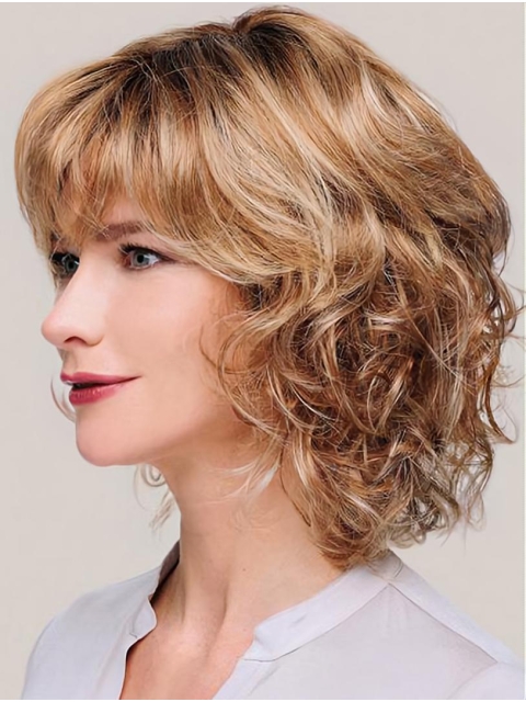 Monofilament Blonde Chin Length Curly 12" With Bangs Synthetic Wigs For Women