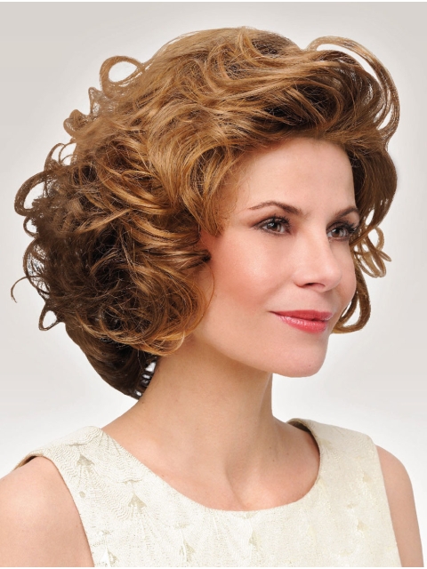 Curly Chin Length Flexibility Synthetic Brown Monofilament Wigs