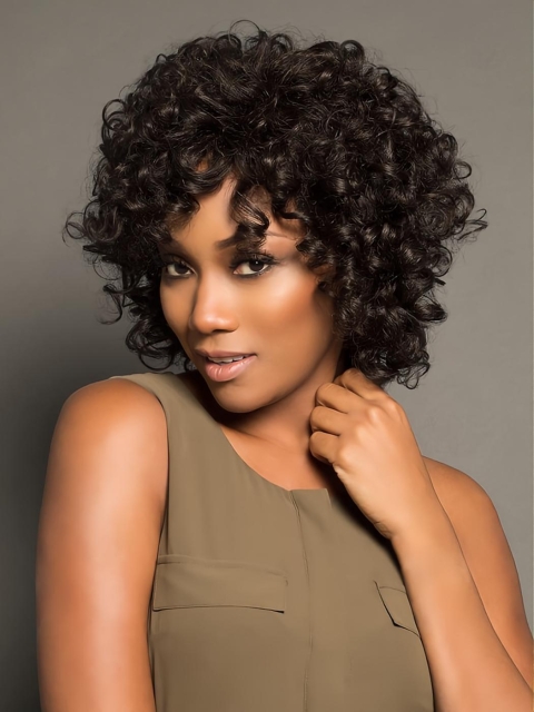 Comfortable 10" Curly Chin Length With Bangs African American Wigs