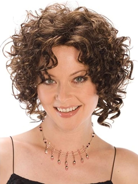 Designed Brown Curly Chin Length Synthetic Wigs