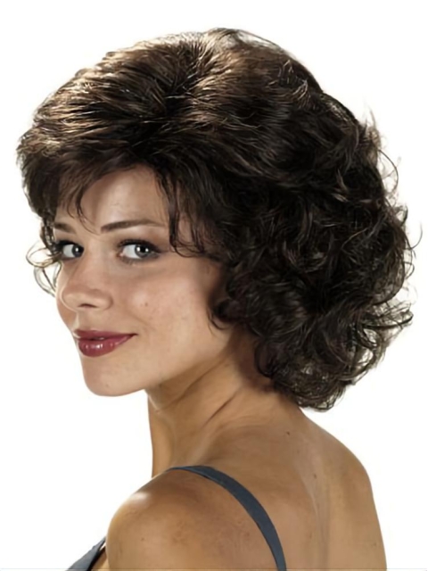 Sleek Black Curly Chin Length Classic Wigs