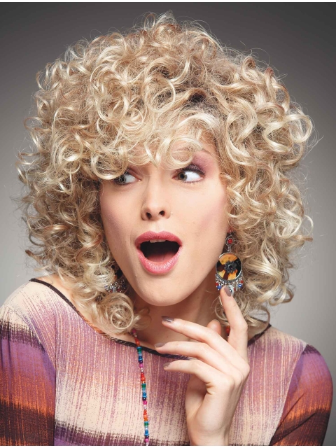 Fashional Blonde Chin Length Curly With Bangs Beautiful Wigs