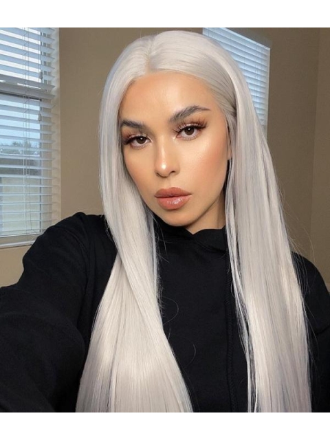 Fashion Long Straight Synthetic Lace Front Silver Wigs