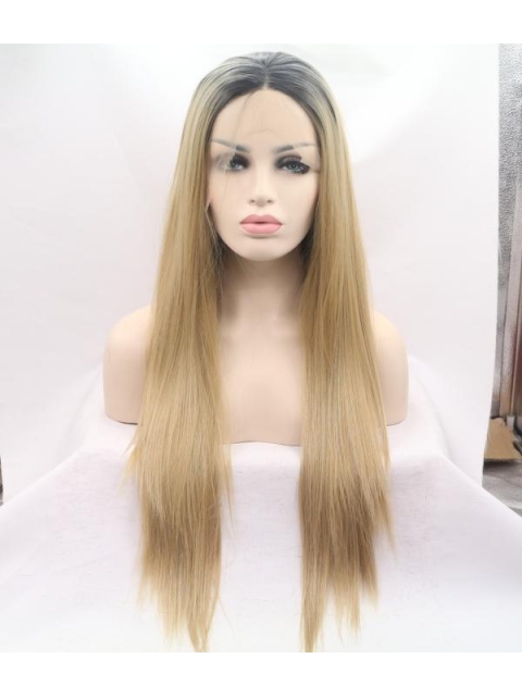 Golden Long Straight  Grunge Synthetic Lace Front Wigs For Women Without Bang