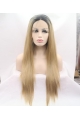 Golden Long Straight  Grunge Synthetic Lace Front Wigs For Women Without Bang