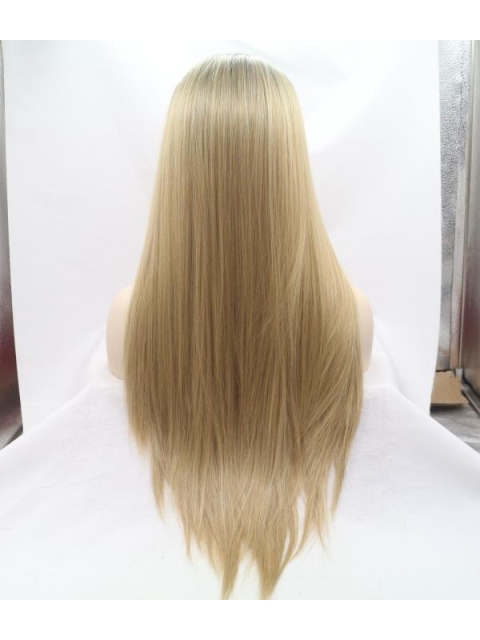 Golden Long Straight  Grunge Synthetic Lace Front Wigs For Women Without Bang