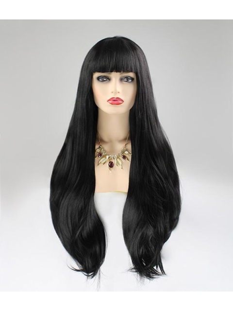 Natural Looking Black Long Straight  Elf Kiss Synthetic Lace Front Wigs With Bang