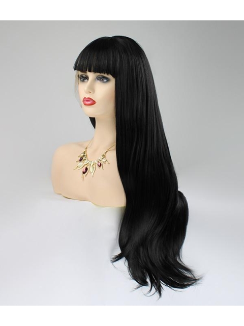 Natural Looking Black Long Straight  Elf Kiss Synthetic Lace Front Wigs With Bang