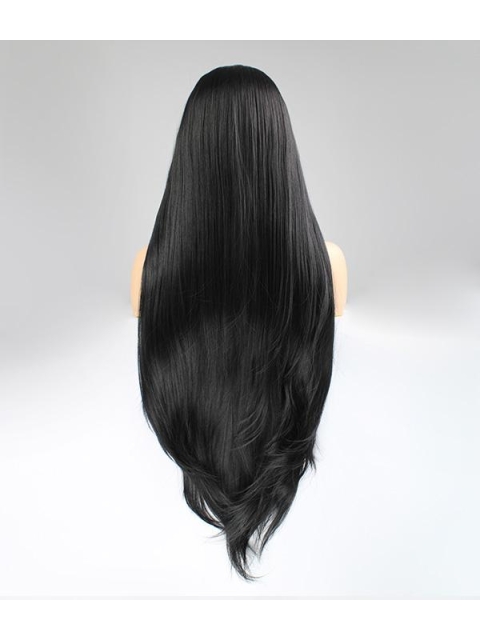 Natural Looking Black Long Straight  Elf Kiss Synthetic Lace Front Wigs With Bang